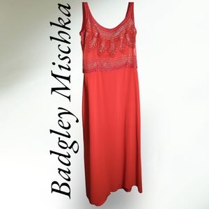 Badgley Mischka Ruby Red Gala Gown 10 Crinkle Chiffon silver bead embellishment